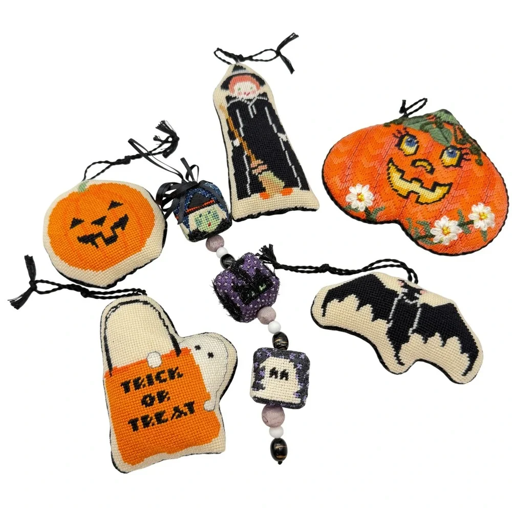 Halloween Needlepoint Ornament Set Witch Pumpkin Bat Ghost 6pc Decor